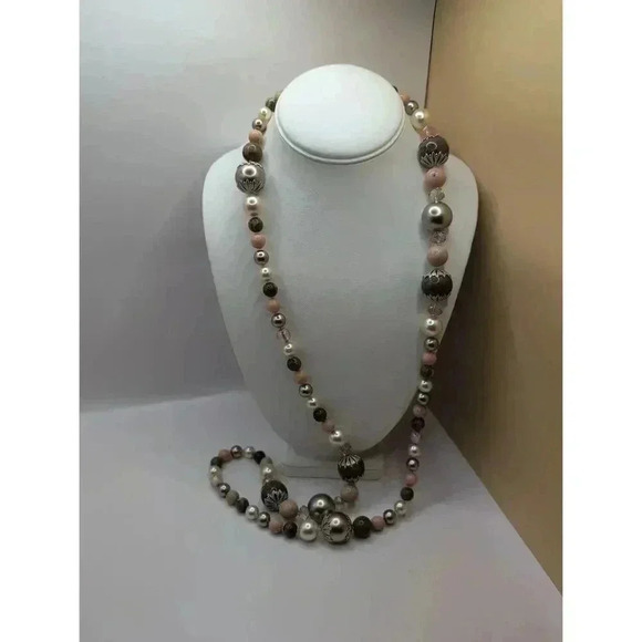 Jewelry - Boutique Pink Beige Silver Champagne Beaded Long Fashion Necklace